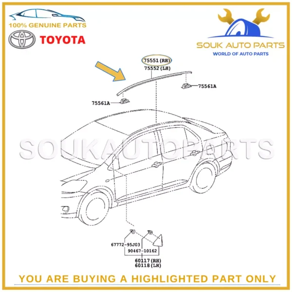 75551-52160 GENUINE TOYOTA ROOF DRIP SIDE FINISH MOULDING, RH 7555152160 OEM