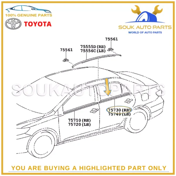 75730-12300 Genuine Toyota MOULDING ASSY, REAR DOOR BELT, RH 7573012300 OEM