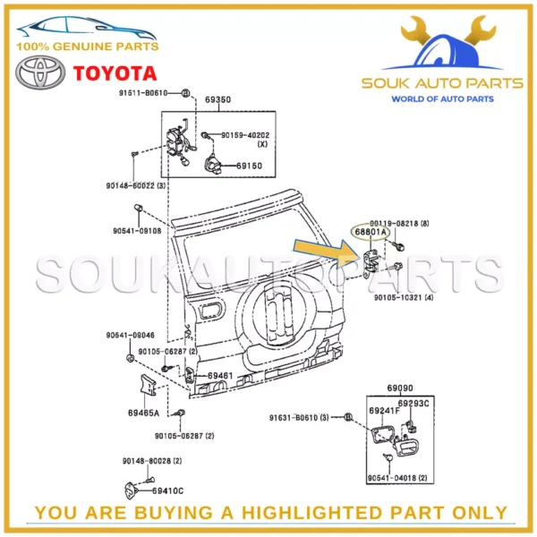 68801-42041 Genuine Toyota HINGE SUB-ASSY, BACK DOOR, UPPER 6880142041 OEM