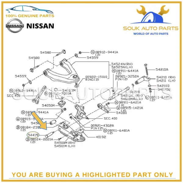 54419-VK80A Genuine FR SUSPENSION LOWER SHAFT PIN OEM Nissan NAVARA NP300
