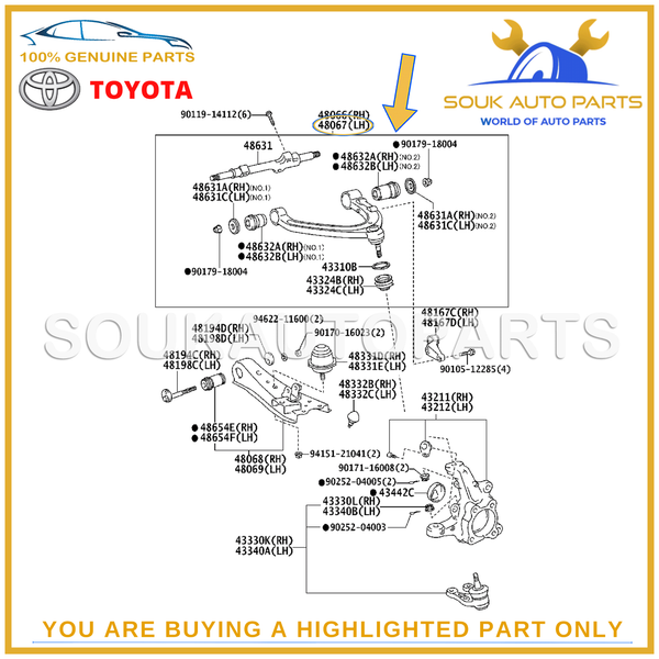 48067-29225 Genuine Toyota ARM SUB-ASSY, FRONT SUSPENSION, UPPER LH 4806729225